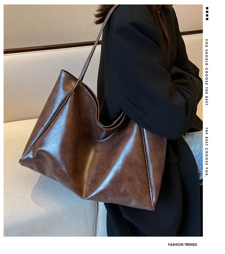 Women’s Retro PU Leather Tote – Large Soft Shoulder/Crossbody Bucket Bag