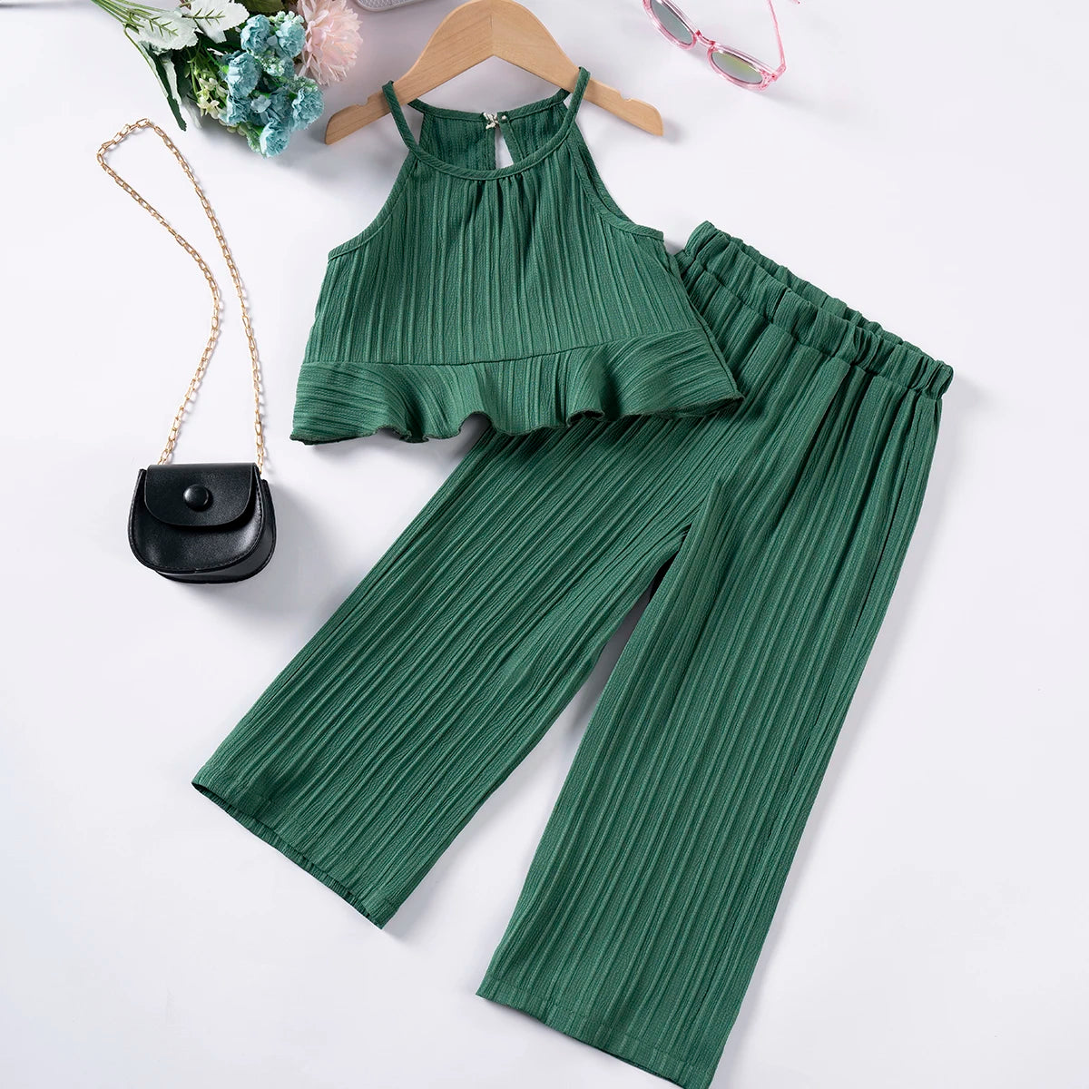 Girls Solid Color Suspenders Dress Set – Ruffles Top & Wide Leg Pants, Elegant Summer Outfit