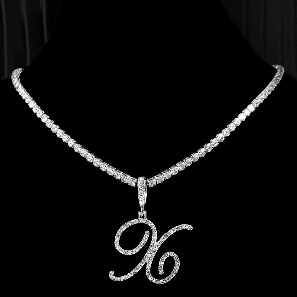 Cursive Letter Name Necklace – CZ Alphabet Pendant Hip Hop Jewelry
