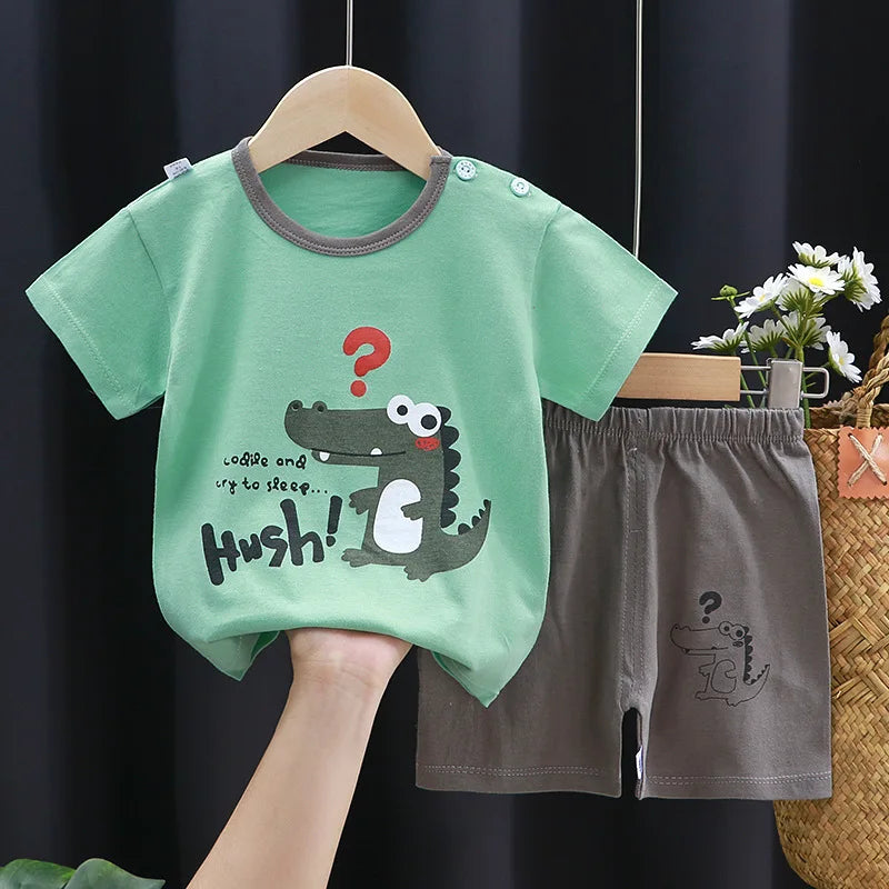 Cartoon Print Cotton Toddler Outfit – 2-Piece Contrast T-Shirt & Shorts Set