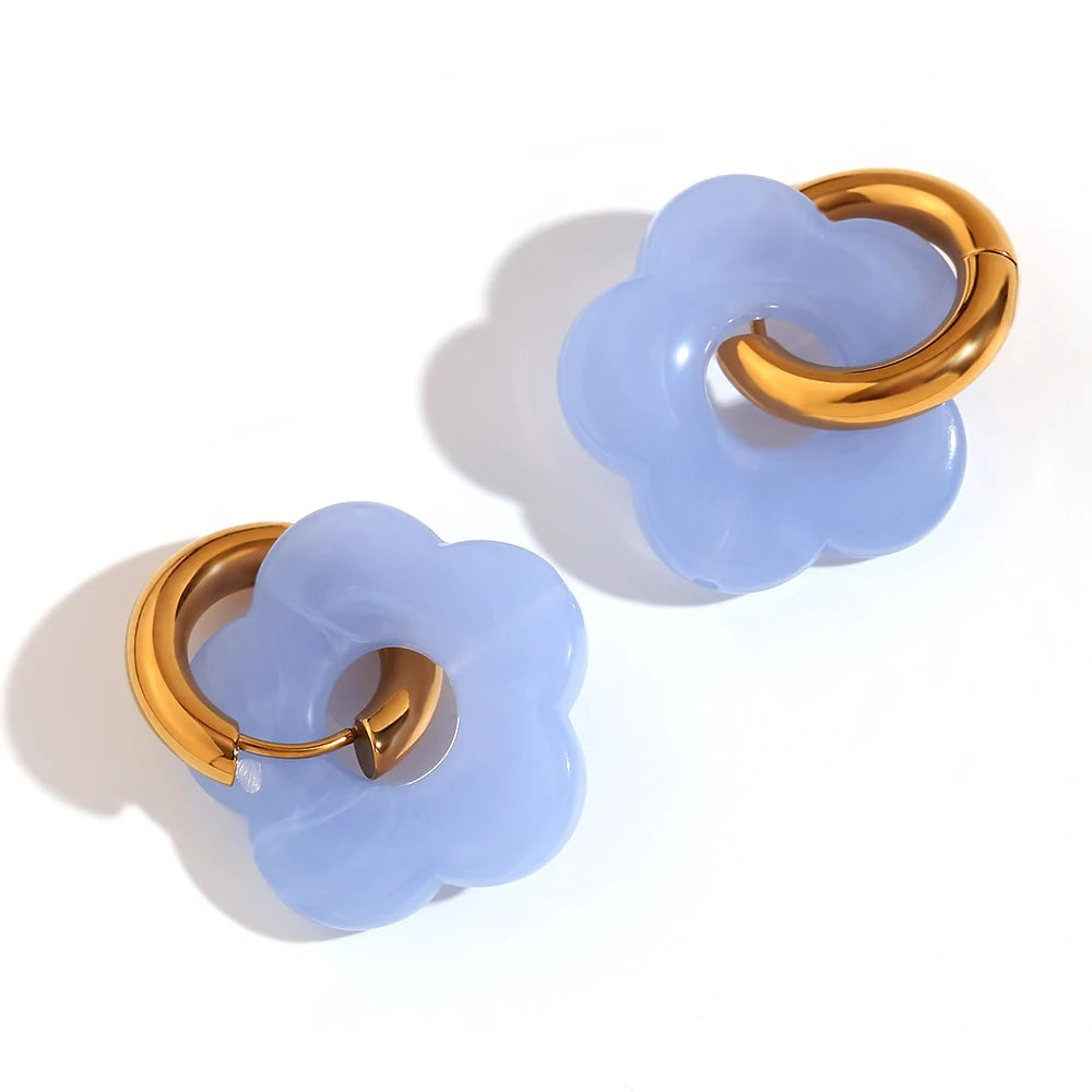 Colorful Resin Flower Hoop Earrings – Waterproof Stainless Steel Women’s Jewelry