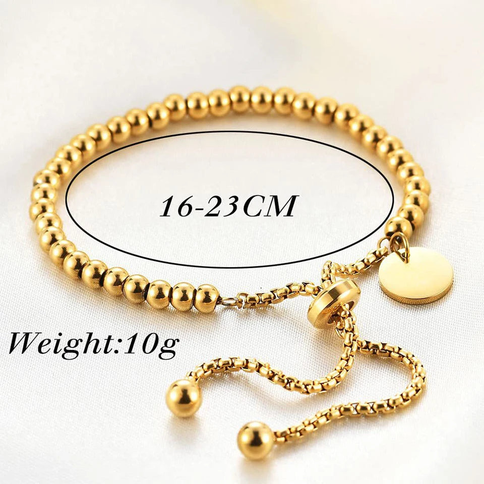 Stainless Steel Golden Bead Bracelet – Adjustable Women’s Fashion Jewelry