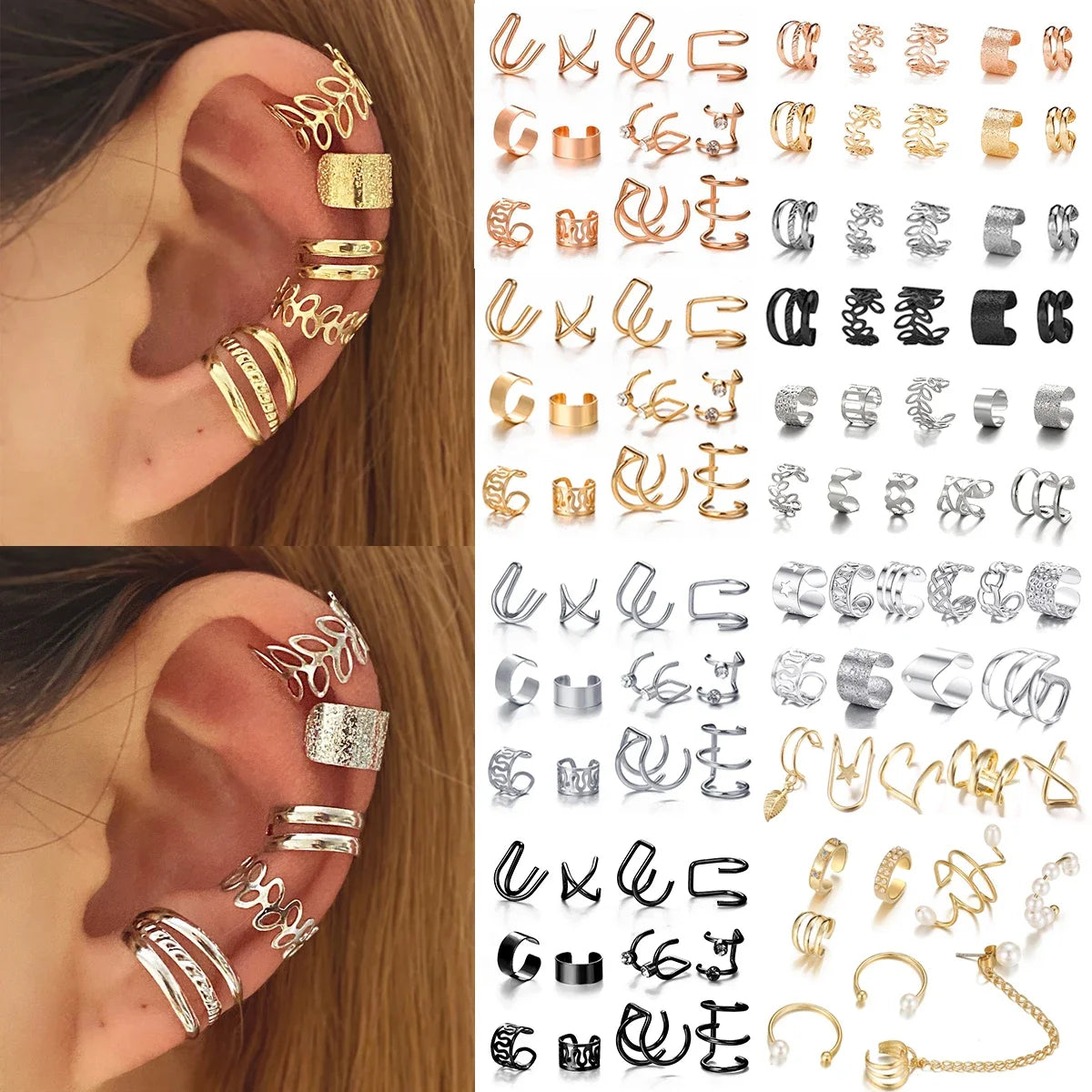 10Pcs Rose Gold Leaf Ear Cuff Set – Non-Piercing Women’s Jewelry