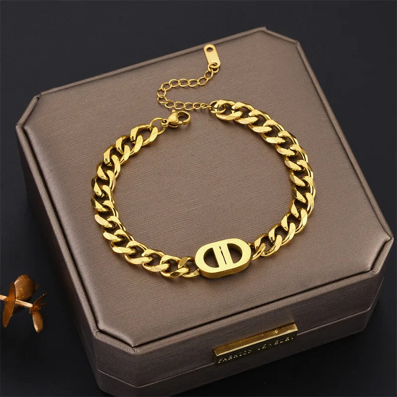 Gold Plated Stainless Steel Cuban Chain Bracelet – Waterproof Jewelry for Women