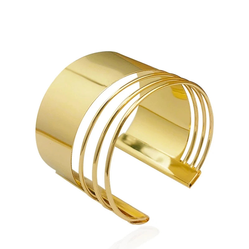 Gold Wide Cuff Bangle – Open Wire Wrap Bracelet for Women