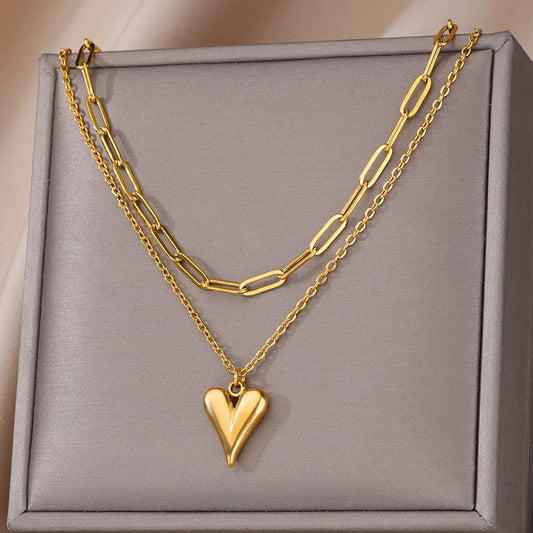 316L Stainless Steel Multilayer Heart Necklace – Gold Goth Clavicle Choker for Women