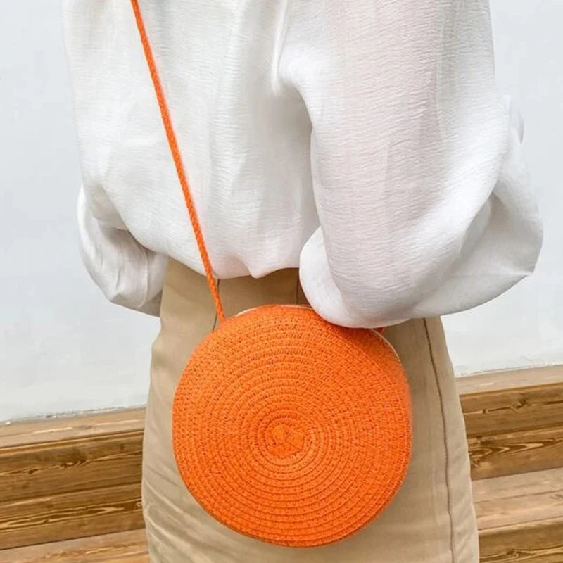 Round Straw Woven Beach Crossbody Bag – Cute Rattan Shoulder Handbag for Women