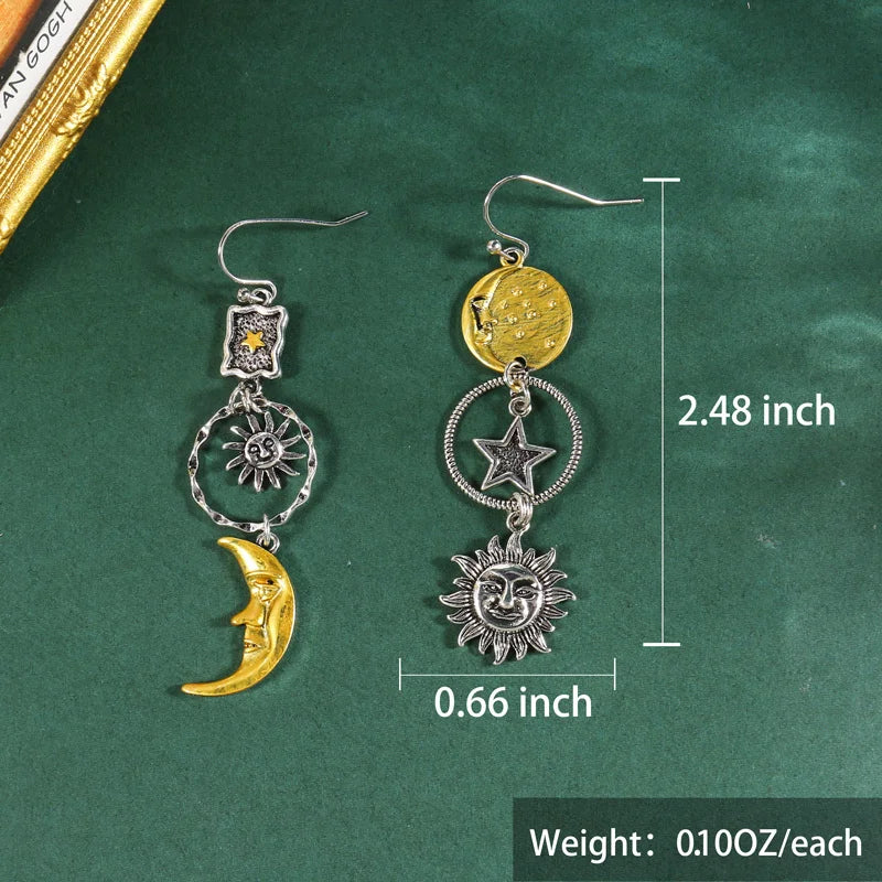 Greek Mythology Sun & Moon Face Earrings – Asymmetric Creative Pendant Jewelry for Women