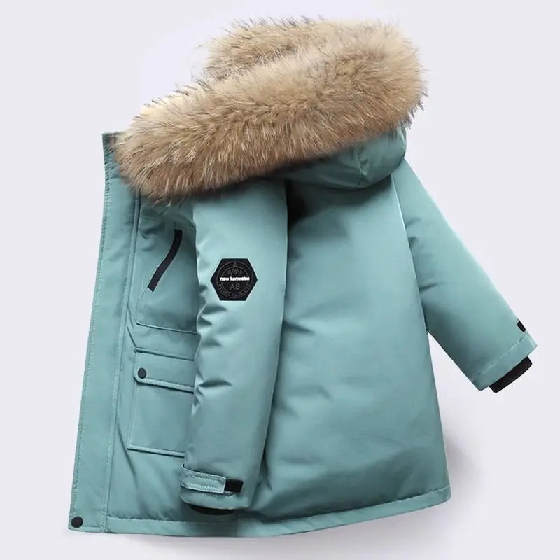 Winter Boys Hooded Jacket – Warm Thicken Fur Collar Zipper Outerwear 5–14Y
