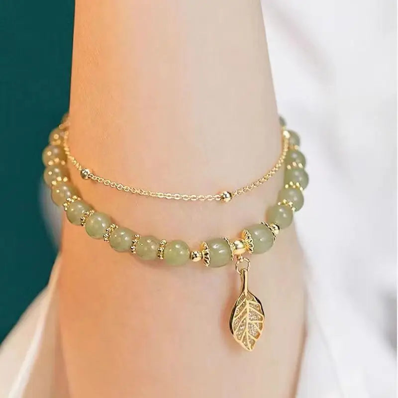 Chinese Style Green Jade Double Chain Bracelet – Gold Leaf W  rist Bangle for Women