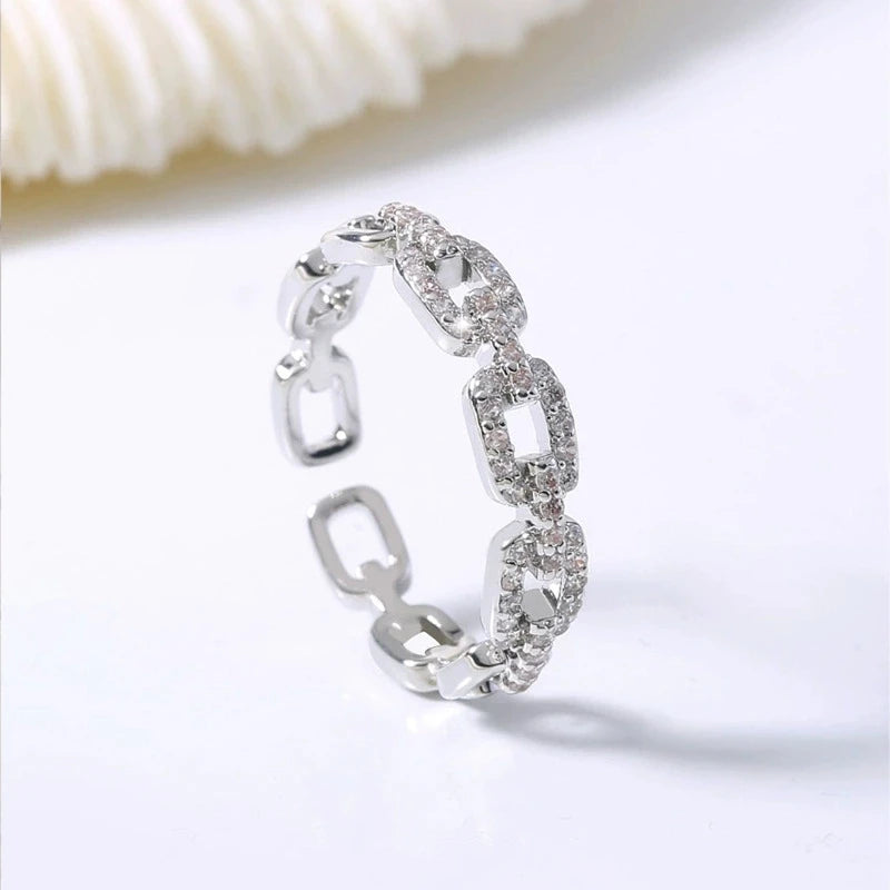 Zircon Twist Chain Open Ring – Elegant Gold & Silver Women’s Wedding Jewelry