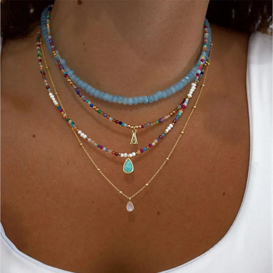 Vintage Beaded Pearl Letter Pendant Necklace – Multi-Layer Boho Choker for Women