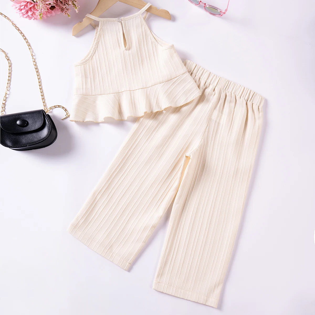 Girls Solid Color Suspenders Dress Set – Ruffles Top & Wide Leg Pants, Elegant Summer Outfit