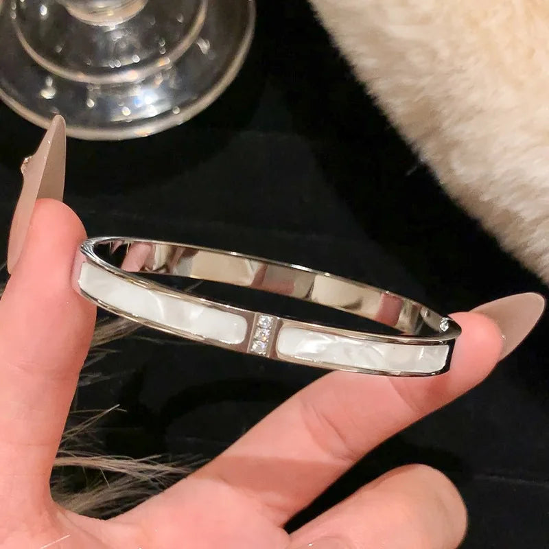 Titanium Steel Silver Bracelet with Zircon – Classic Stainless Steel Jewelry for Women
