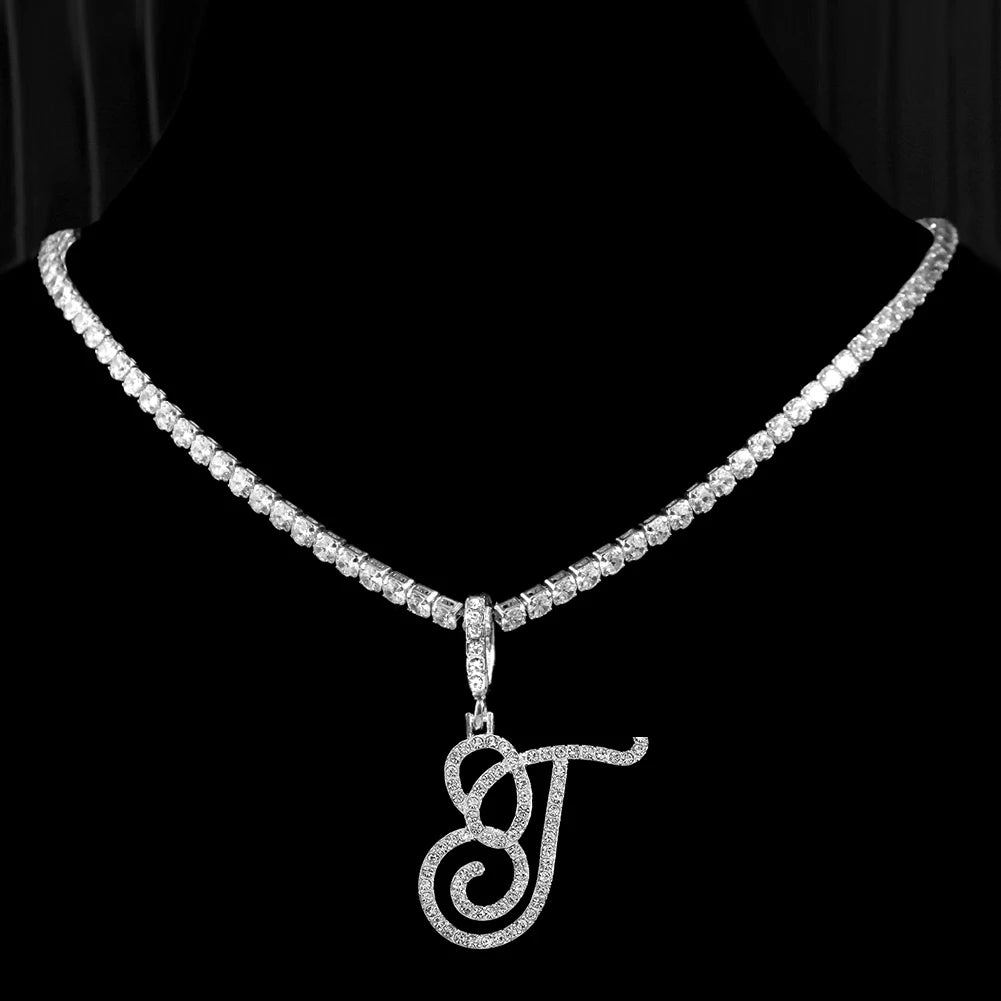 Cursive Letter Name Necklace – CZ Alphabet Pendant Hip Hop Jewelry