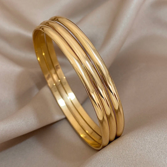 3pcs 18K Gold Plated Stainless Steel Minimalist Bangle Set – Waterproof Jewelry for Women