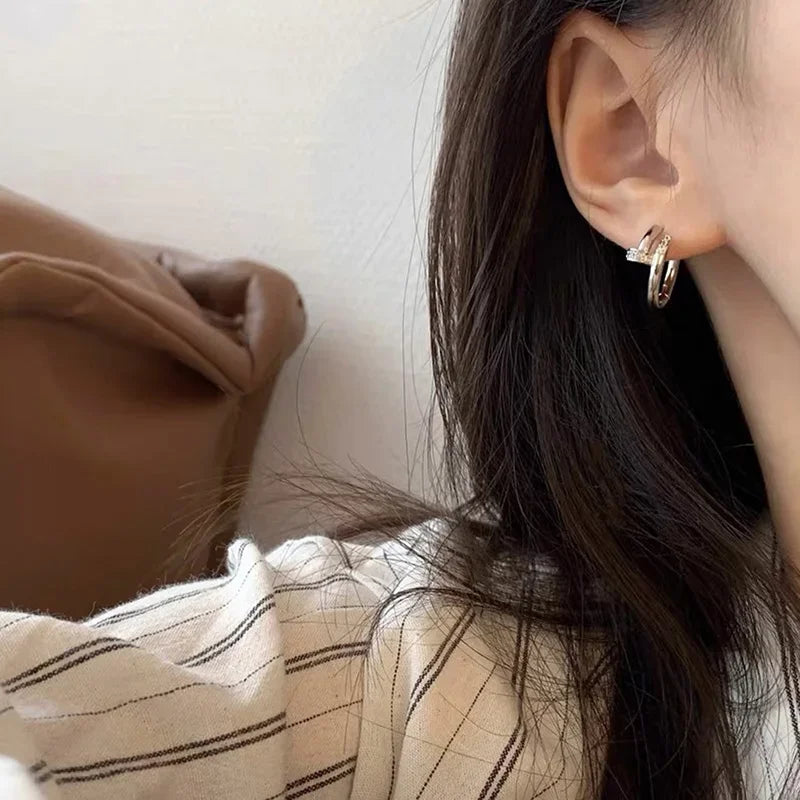 925 Sterling Silver Zircon Nail Hoop Earrings – Minimalist Trendy Jewelry for Women