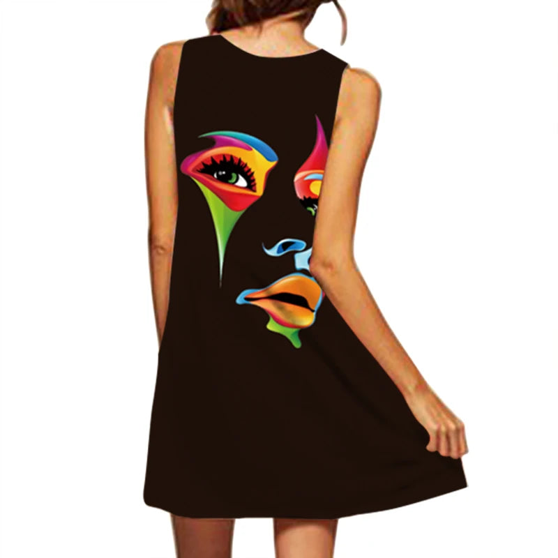 V-Neck Printed Dress – Sleeveless European Style Mid-Length