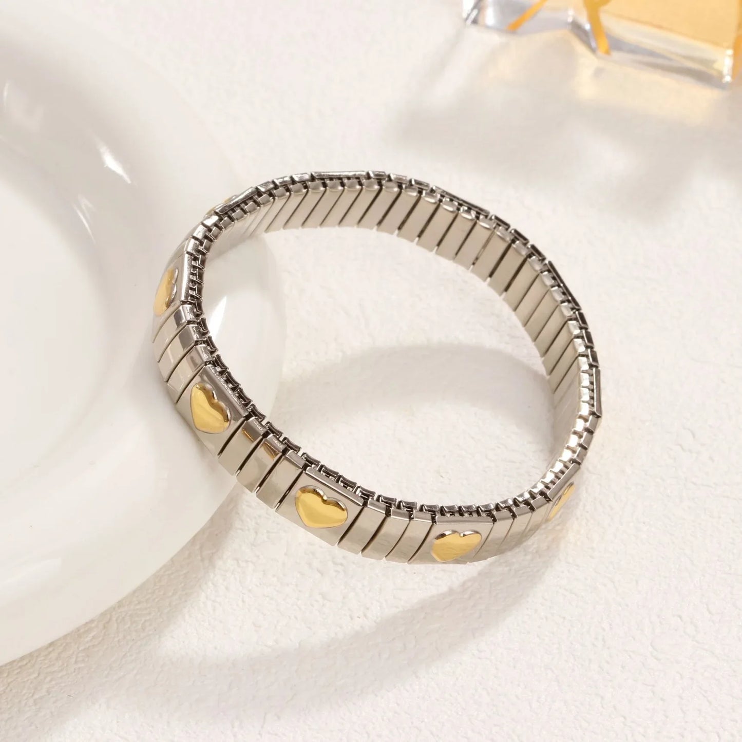 Loe Titanium Steel Gold Plated Heart Elastic Bracelet – Punk Hip Hop Jewelry for Women