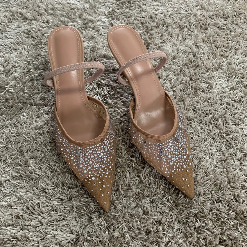 Rhinestone Mesh High Heels – Elegant Summer Slingback Pointed Toe Party Pumps for Women