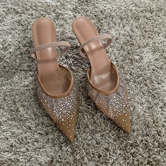 Rhinestone Mesh High Heels – Elegant Summer Slingback Pointed Toe Party Pumps for Women