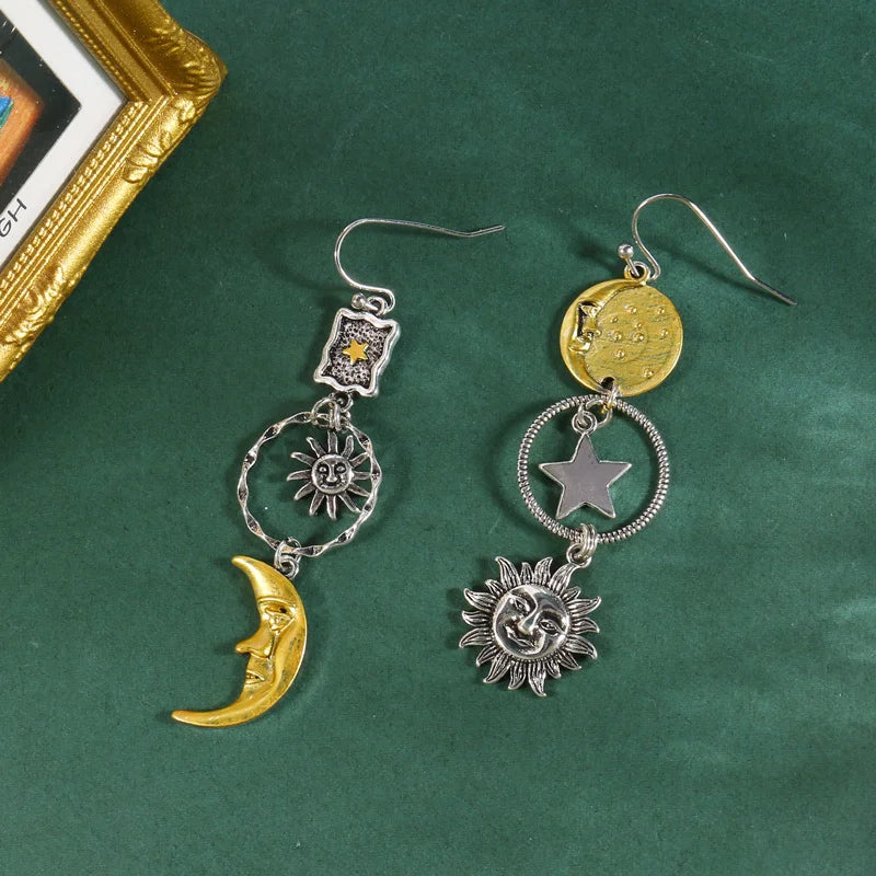 Greek Mythology Sun & Moon Face Earrings – Asymmetric Creative Pendant Jewelry for Women