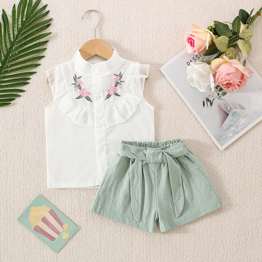 Baby Girl Summer Set – Cotton Embroidered Top & Shorts (0–3 Yrs)