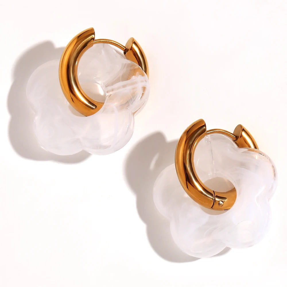 Colorful Resin Flower Hoop Earrings – Waterproof Stainless Steel Women’s Jewelry