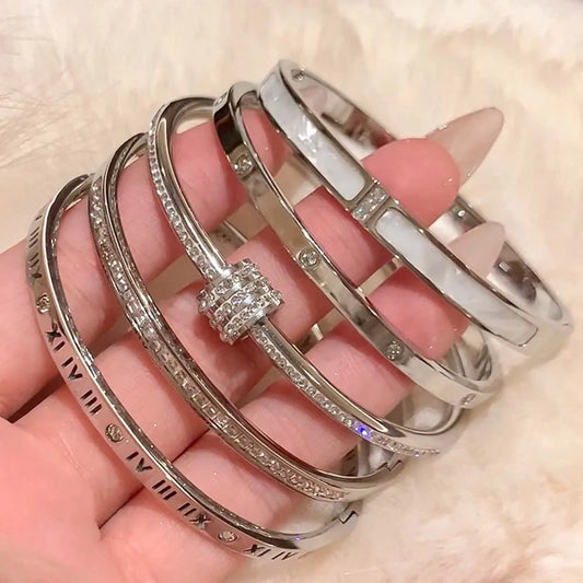 Titanium Steel Silver Bracelet with Zircon – Classic Stainless Steel Jewelry for Women
