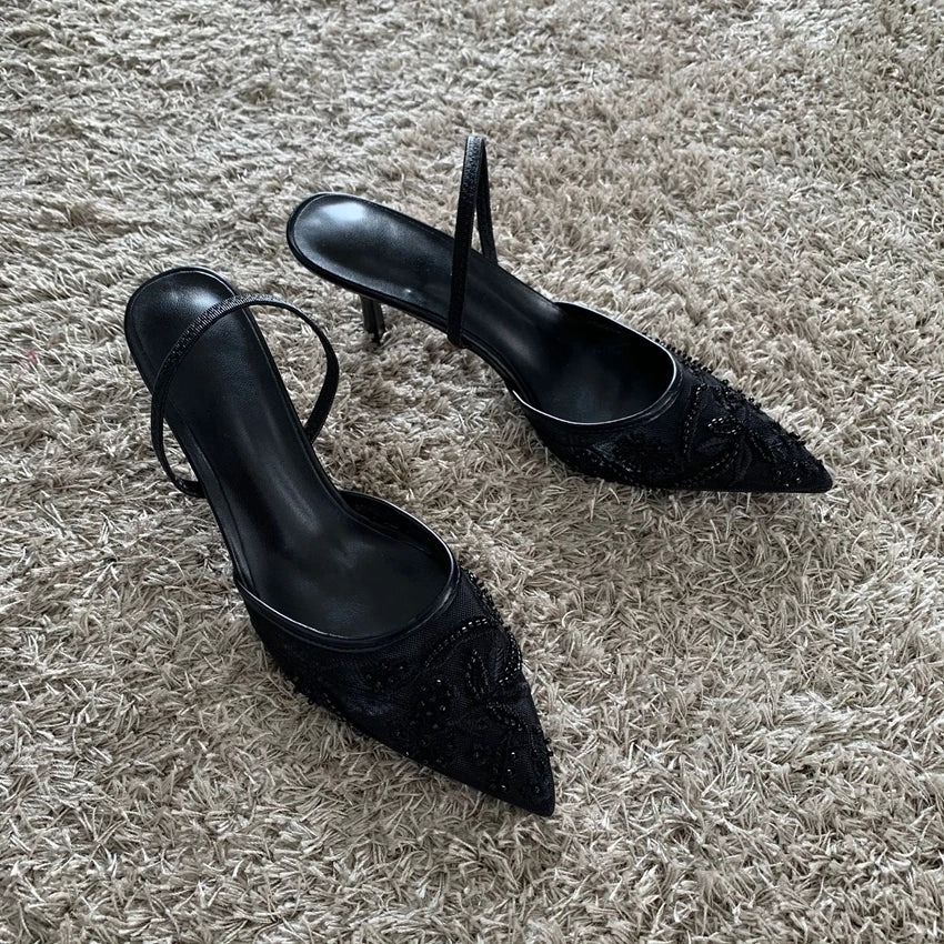 Mesh Embroidered High Heels – Sexy Summer 2025 Slingback Pointed Toe Dress Sandals for Women