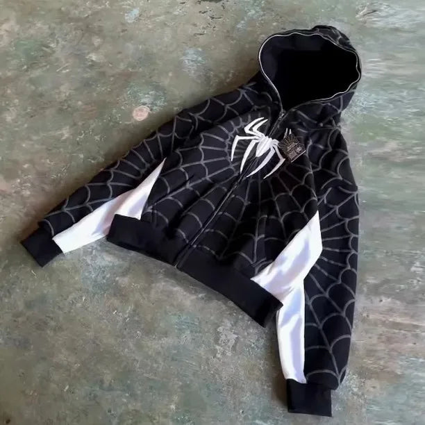 Y2K Red Spider Web Hoodie – Foam Print Harajuku Punk Grunge Zip-Up Sweatshirt for Women.