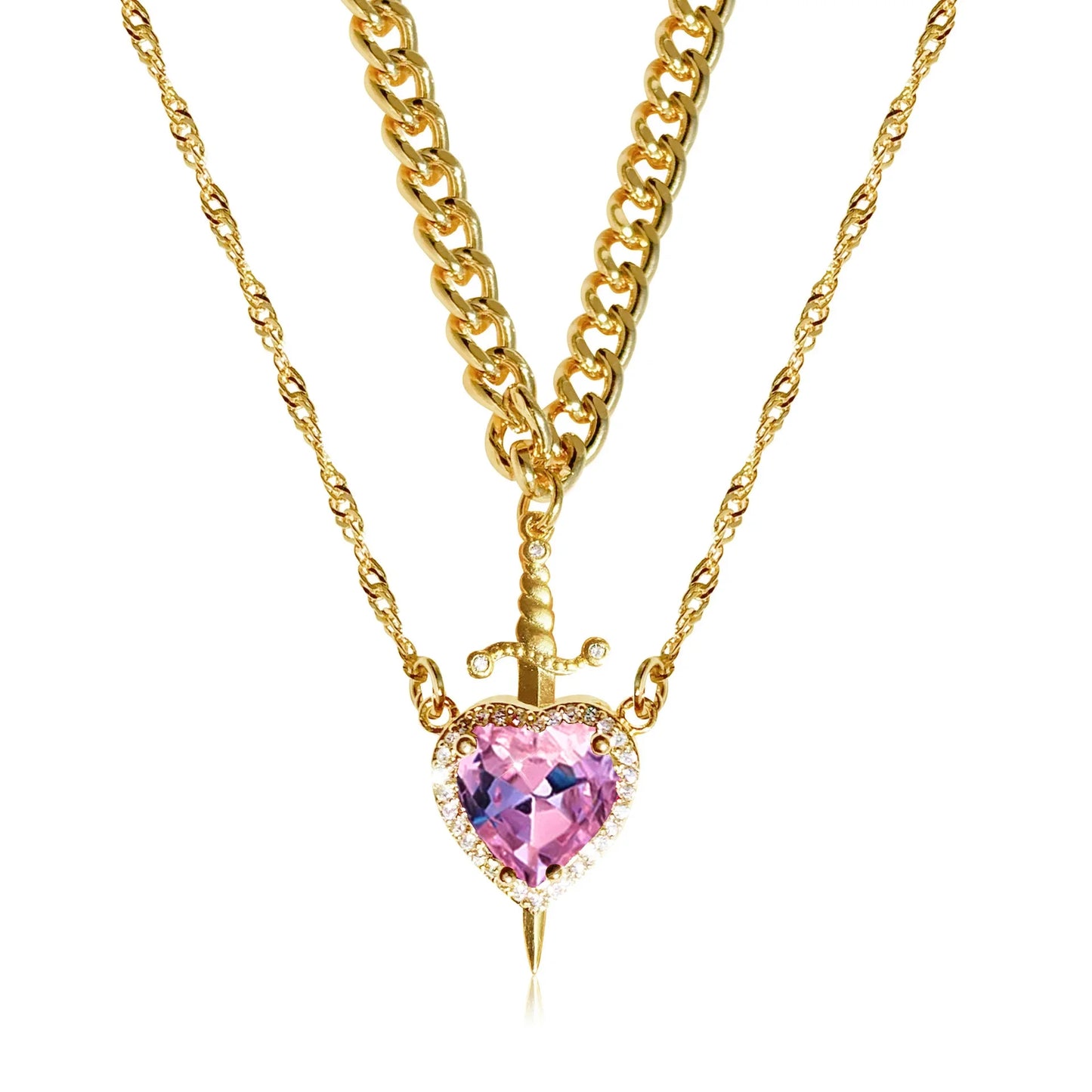 Heart & Sword Couple Necklace – 18K Gold Plated Stainless Steel Zircon Jewelry Set