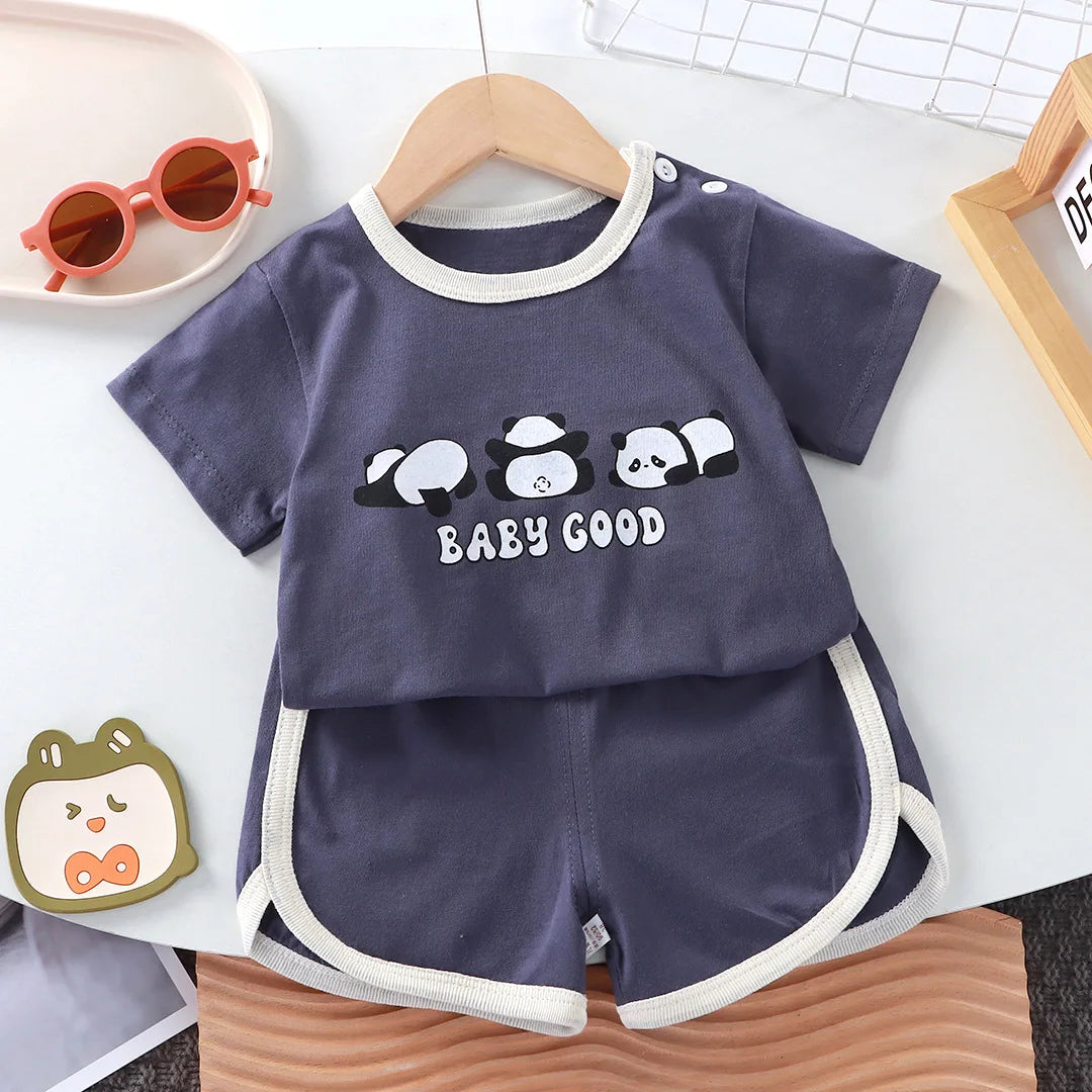 Summer Cotton Cartoon Baby Outfit – 2-Piece T-Shirt & Shorts Set for Girls & Boys (0-4 Years)