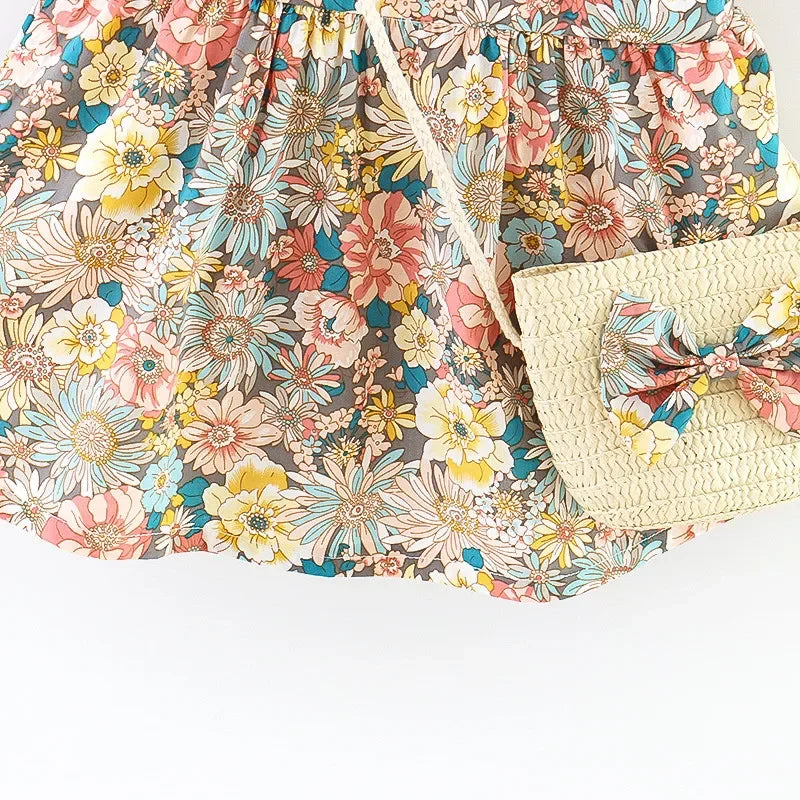Baby Girl Floral Dress – Ruffled Halter A-Line with Bag (0–3 Yrs)