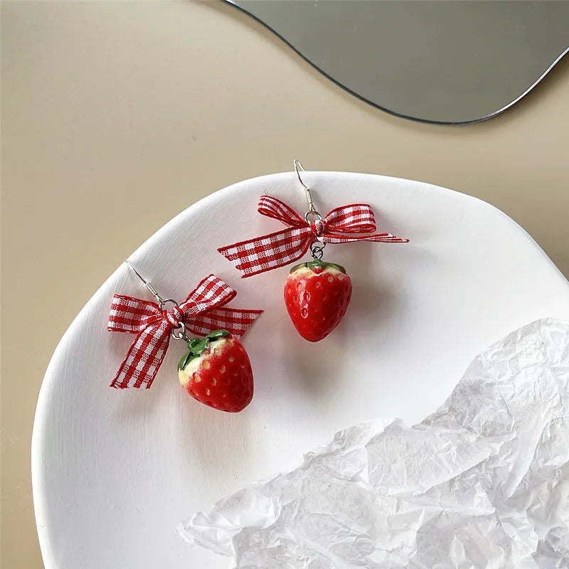 Red Strawberry Flower Drop Earrings – 3D Fruit Women’s Jewelry