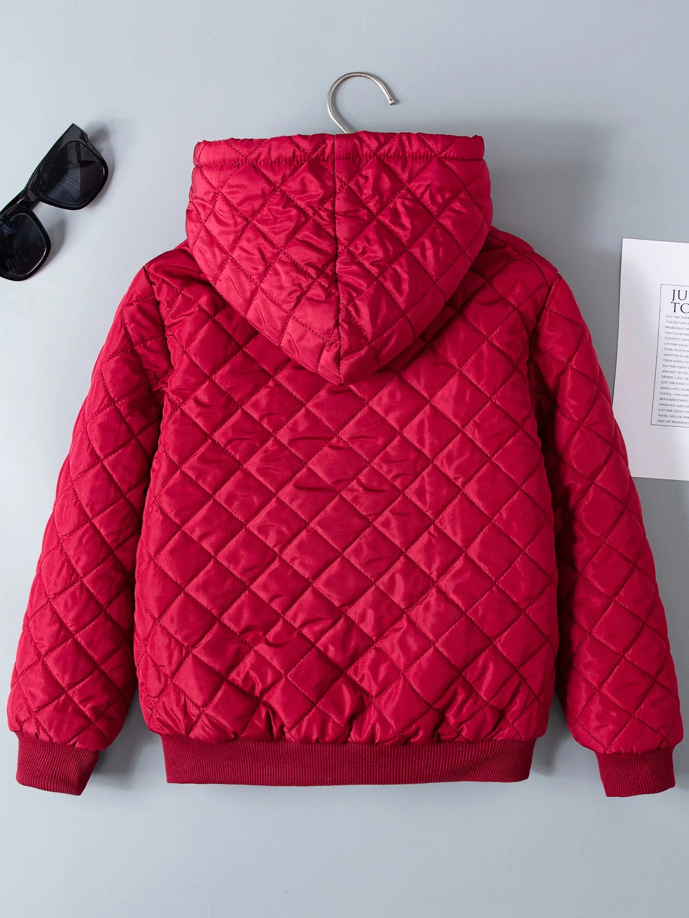 Kids Boys Teddy Lined Hooded Argyle Quilted Coat  Fleece Zipper Artificial Jacket