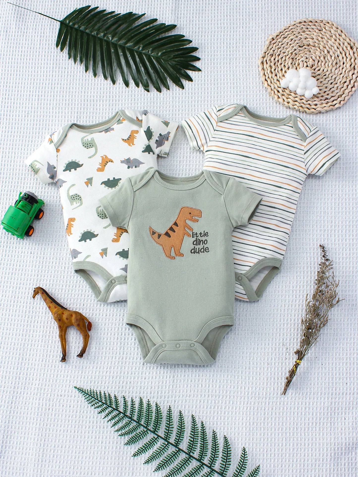3PCS Summer Baby Bodysuit Set – Dinosaur & Stripe Pattern for Boys 0-9 Months