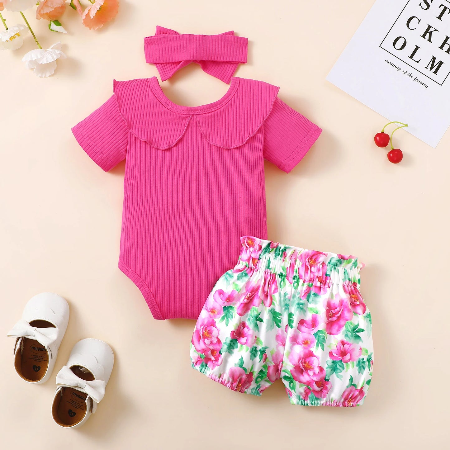 Fashion Summer Newborn Baby Girl 3-Piece Set – Ruffle Jumpsuit, Floral Shorts & Headband