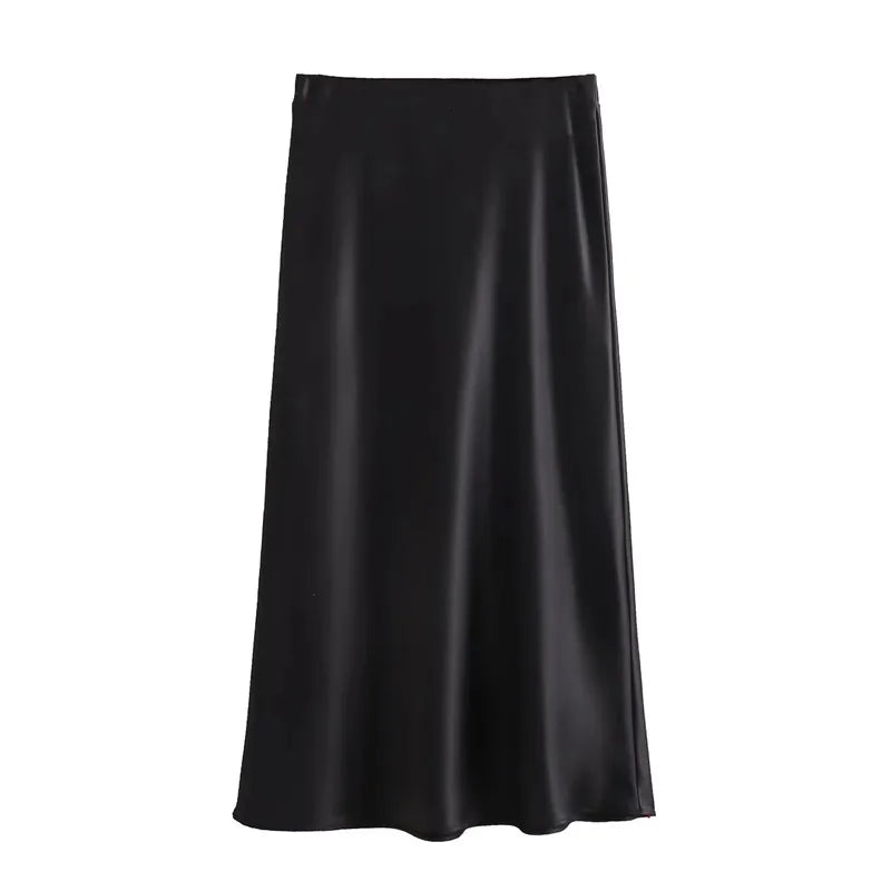 MUJER 2025 Satin High Waist Midi Skirt – Elegant Summer Office Skirt for Women