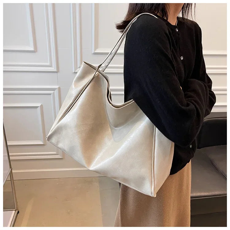 Women’s Retro PU Leather Tote – Large Soft Shoulder/Crossbody Bucket Bag