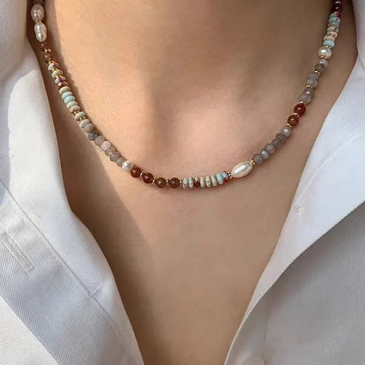 Handmade Woven Natural Stone & Pearl Pendant Necklace – Luxurious Women’s Jewelry