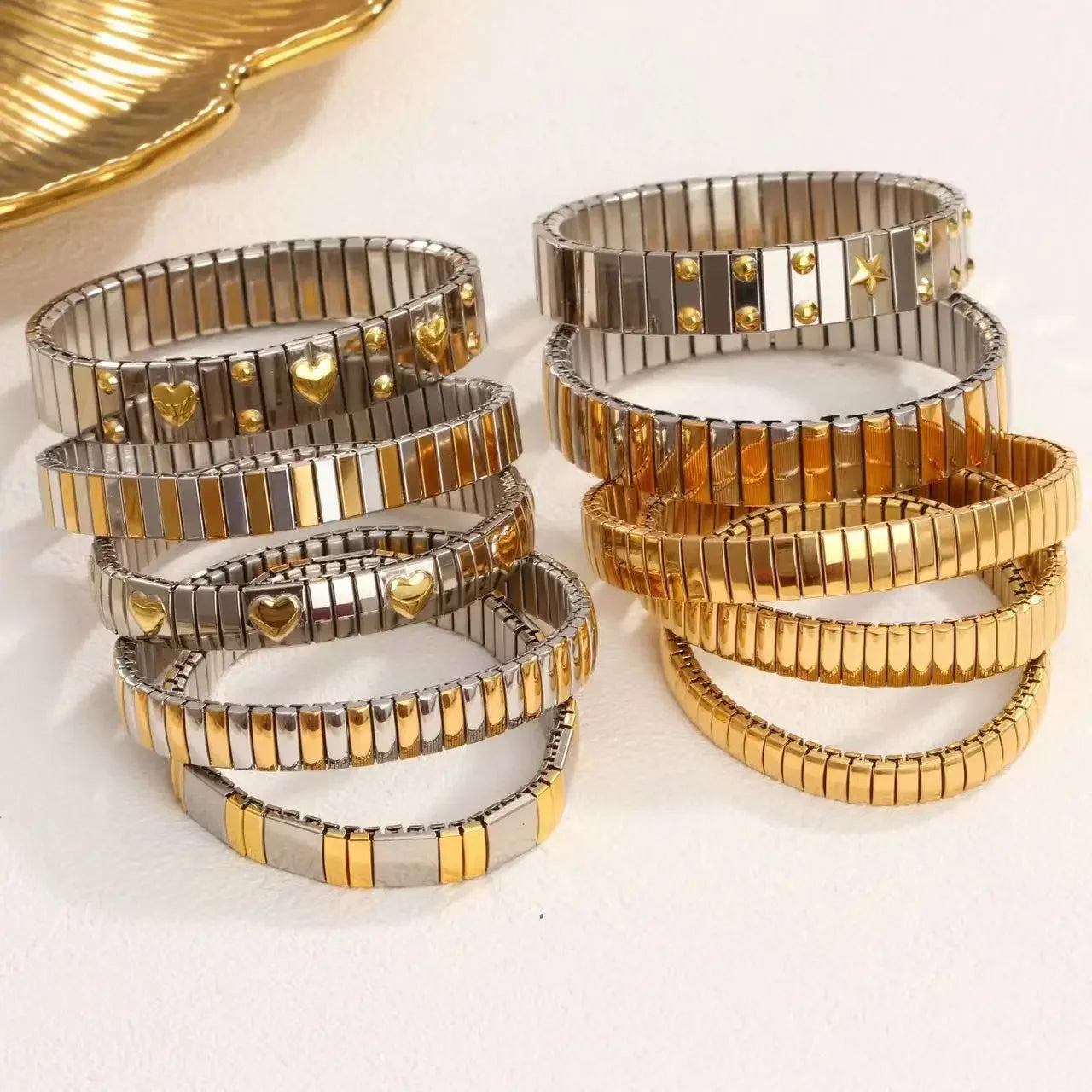 Loe Titanium Steel Gold Plated Heart Elastic Bracelet – Punk Hip Hop Jewelry for Women