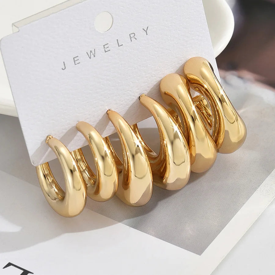 6Pcs Gold Plated C-Shape Hoop Earrings Set – Vintage Geometry Women’s Jewelry
