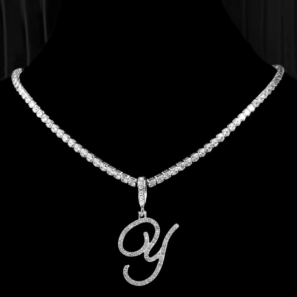 Cursive Letter Name Necklace – CZ Alphabet Pendant Hip Hop Jewelry