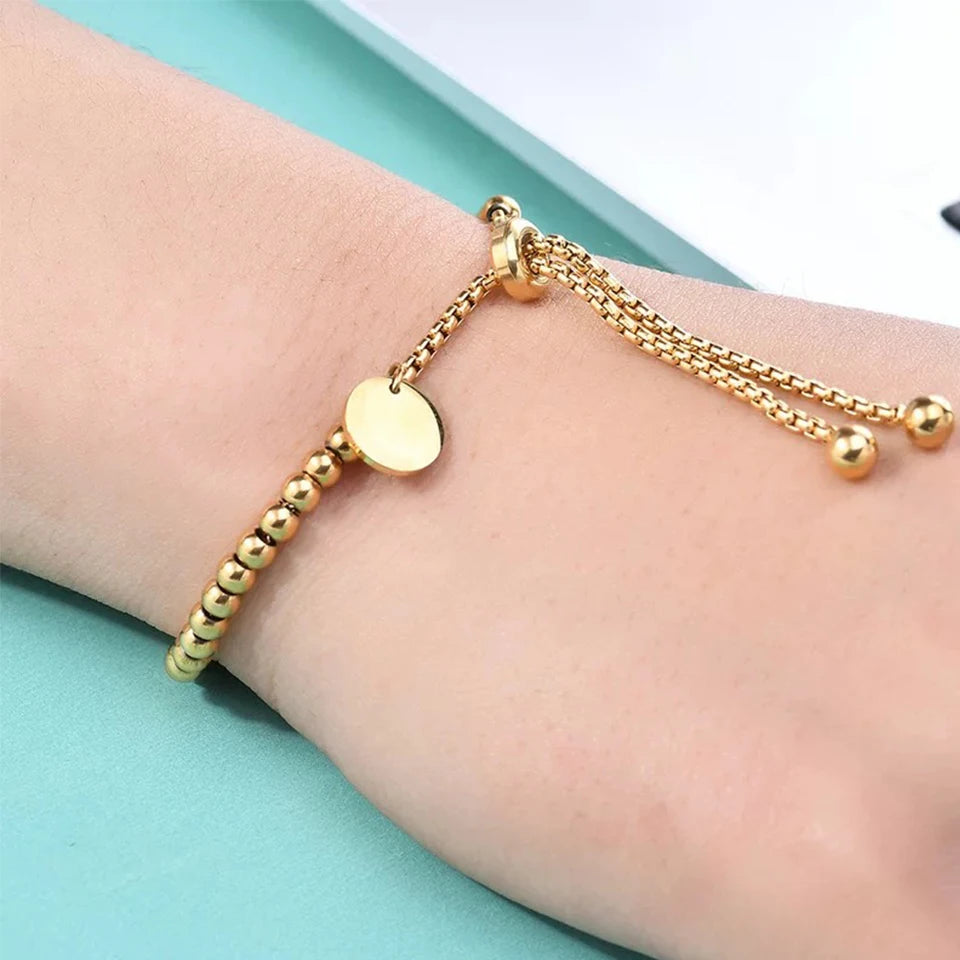 Stainless Steel Golden Bead Bracelet – Adjustable Women’s Fashion Jewelry