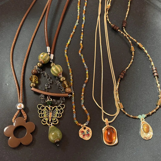 Vintage Brown Stone Pendant Necklace – Long Leather Rope Women’s Jewelry