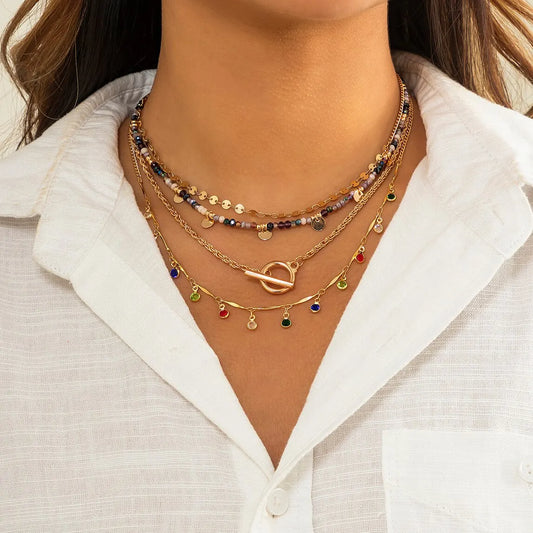 Boho Choker Necklace Set – Colorful Crystal & Tassel Y2K Jewelry (4pcs)