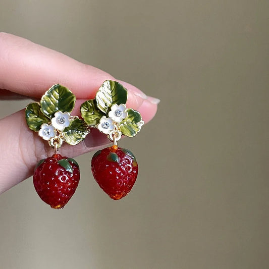 Red Strawberry Flower Drop Earrings – 3D Fruit Women’s Jewelry