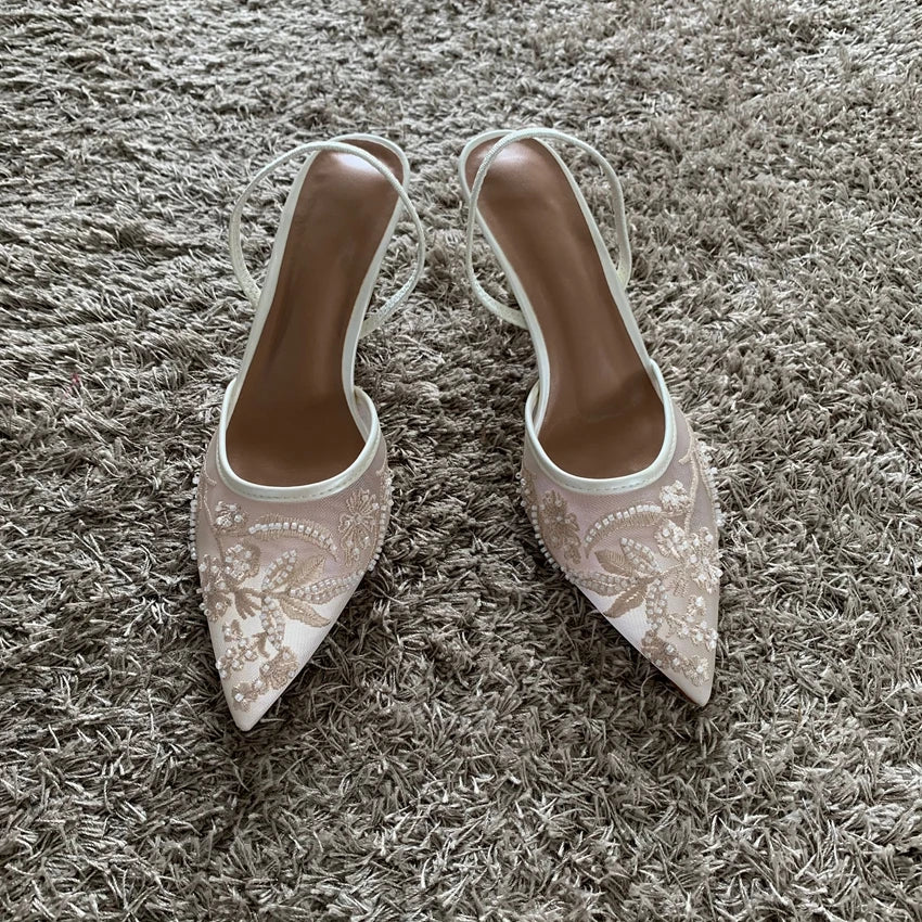 Mesh Embroidered High Heels – Sexy Summer 2025 Slingback Pointed Toe Dress Sandals for Women