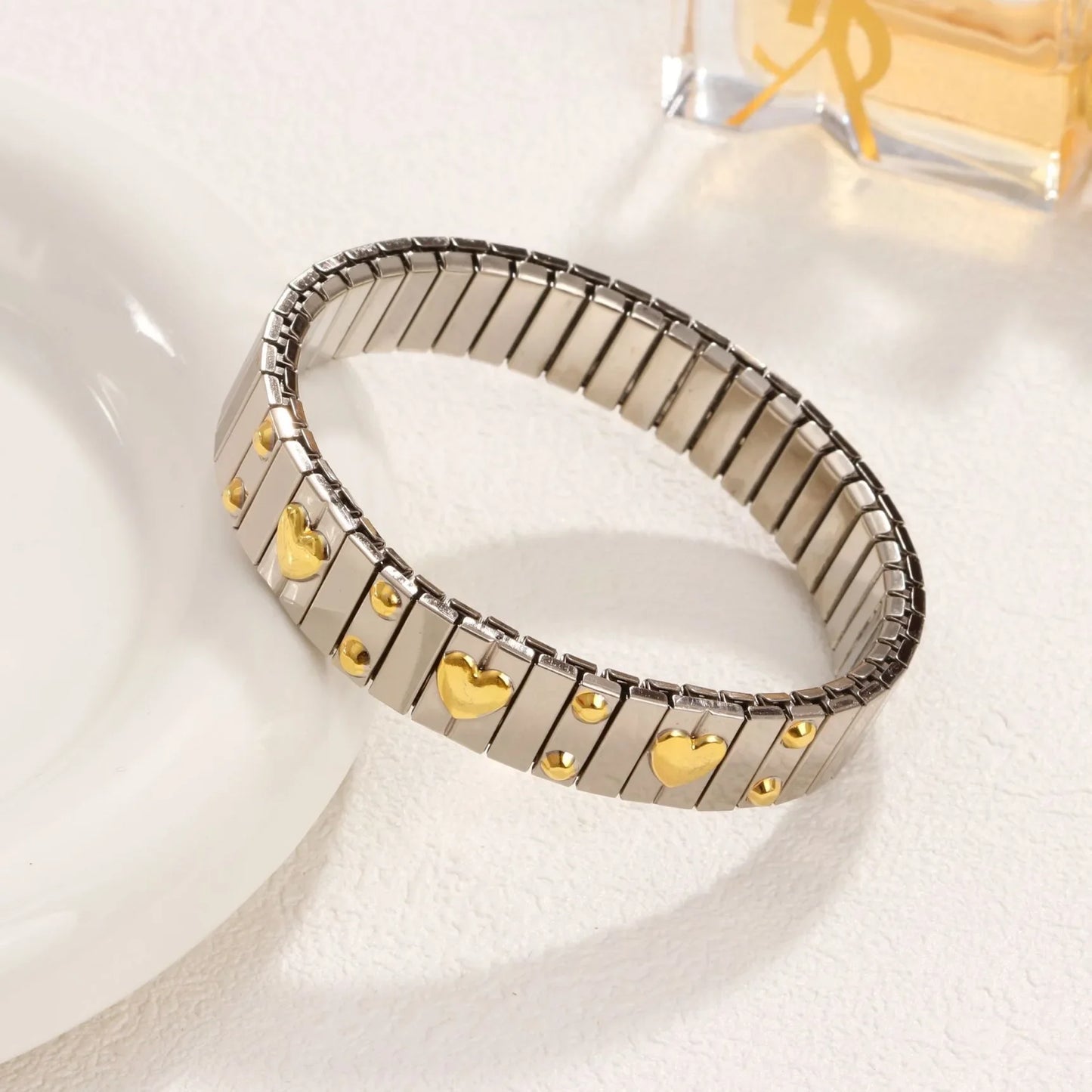 Loe Titanium Steel Gold Plated Heart Elastic Bracelet – Punk Hip Hop Jewelry for Women